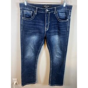 True Luck Mens Jeans Contrast Stitch Dark Wash 34/30